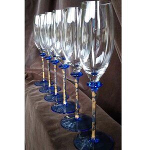 Gorgeous Set of 6 Art Glass Cobalt Blue Gold Painted Stemmed Champagne Flutes